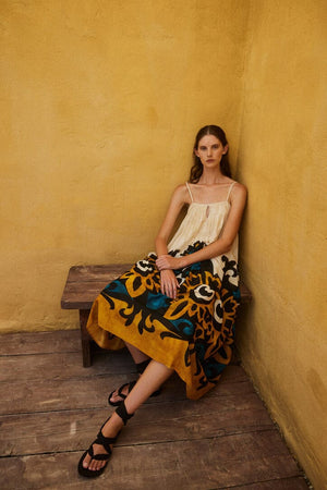 DEVOTION Baumwollkleid "WARMTH" blue/camel