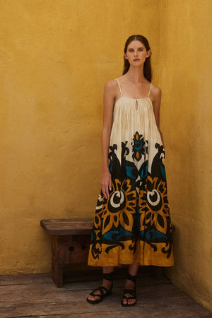 DEVOTION Baumwollkleid "WARMTH" blue/camel