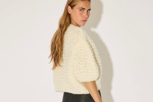 MAIAMI Fleecy Alpaca Puffy Short Sleeve Cardigan crème
