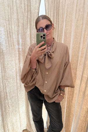 CLARAMONTE Baumwollbluse "Delice" Lavaliere nougat