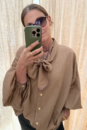 CLARAMONTE Baumwollbluse "Delice" Lavaliere nougat