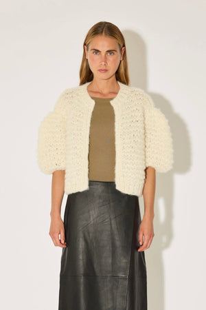 MAIAMI Fleecy Alpaca Puffy Short Sleeve Cardigan crème