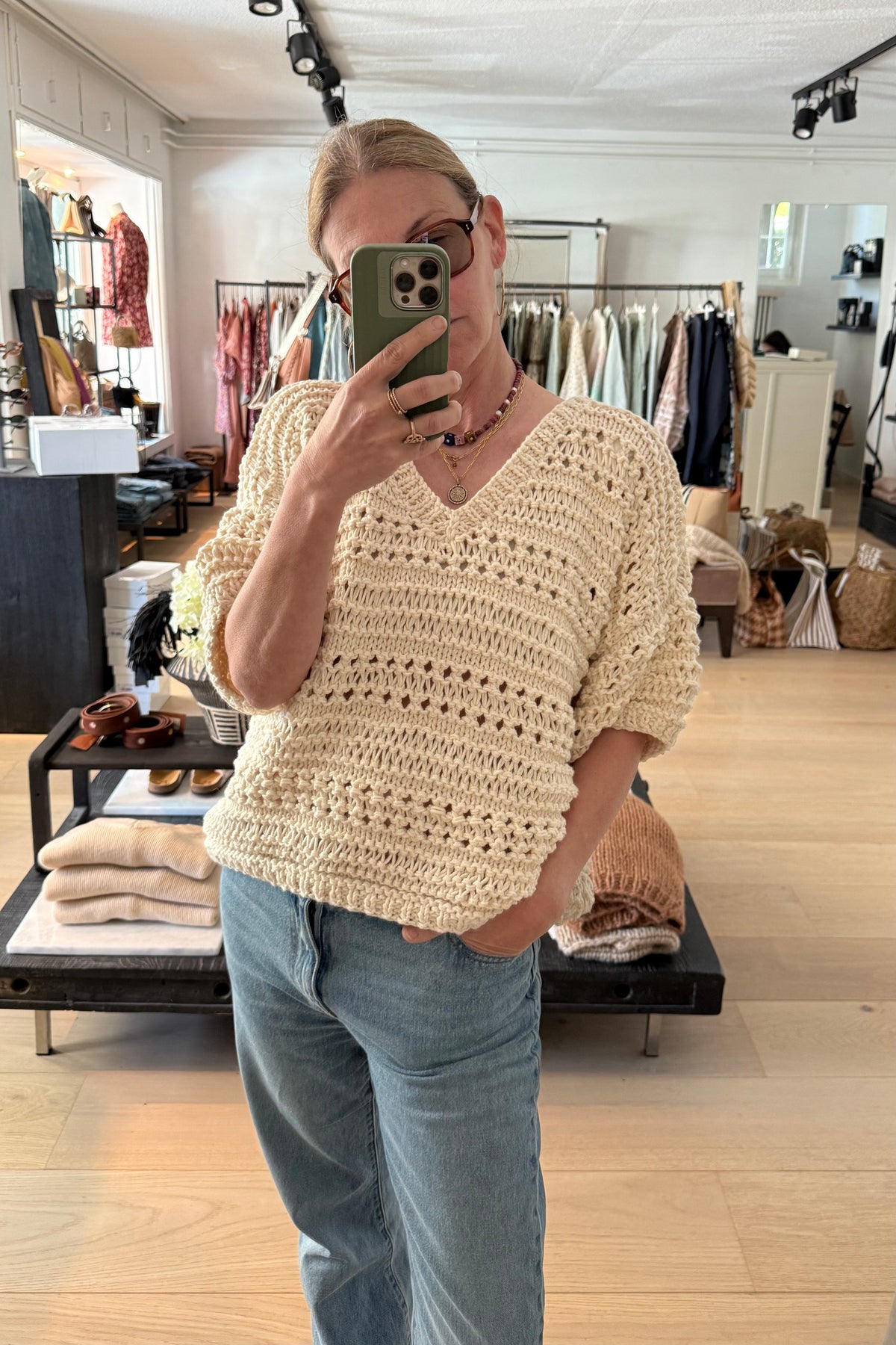 MAIAMI Kurzarm V-Neck Baumwollmix T-Shirt off-white