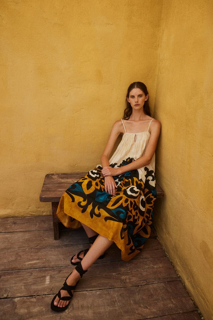 DEVOTION Baumwollkleid "WARMTH" blue/camel