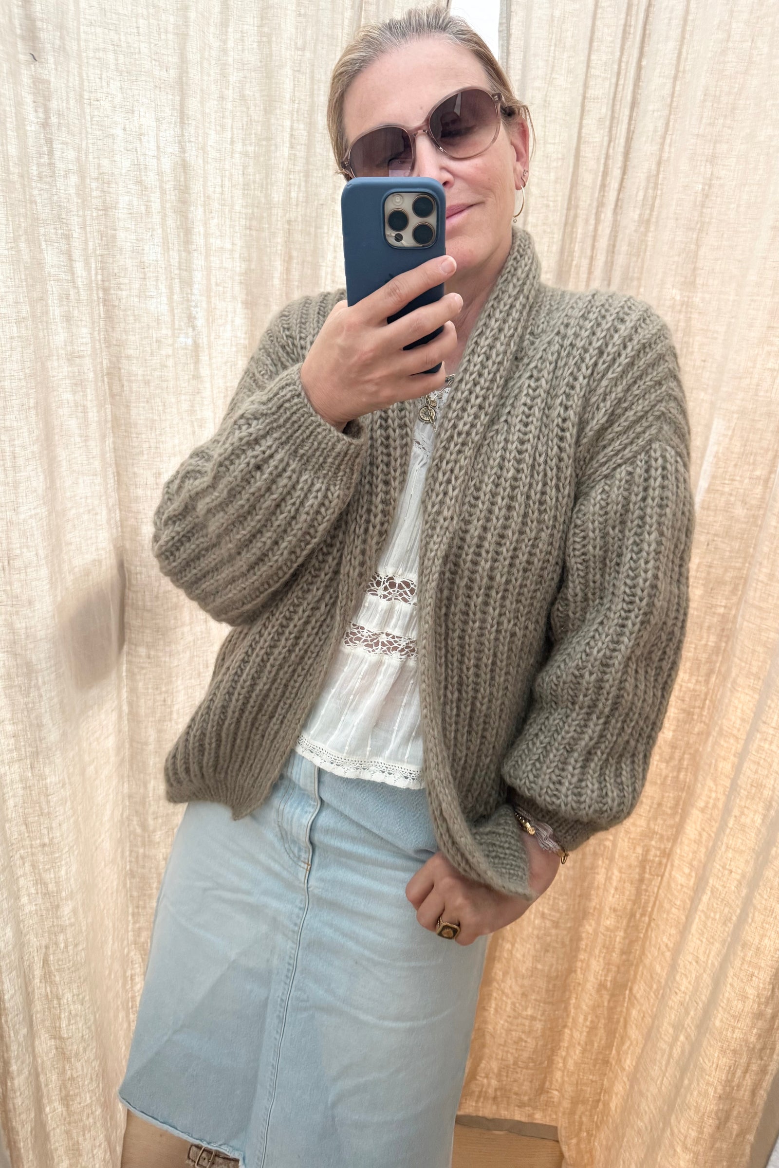 MAIAMI Shaggy Chunky Alpaca Shawl Cardigan soft olive
