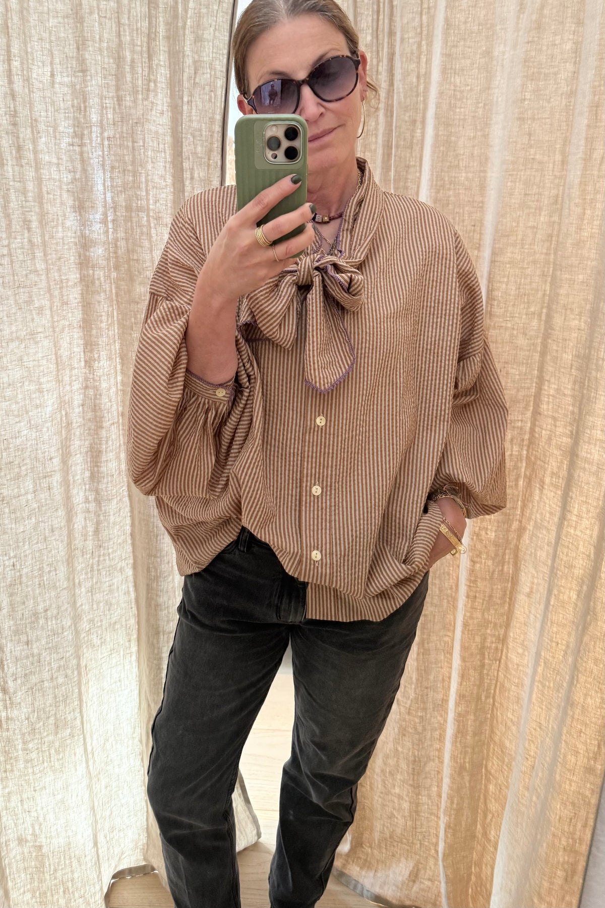 CLARAMONTE Baumwollbluse "Delice" Lavaliere nougat