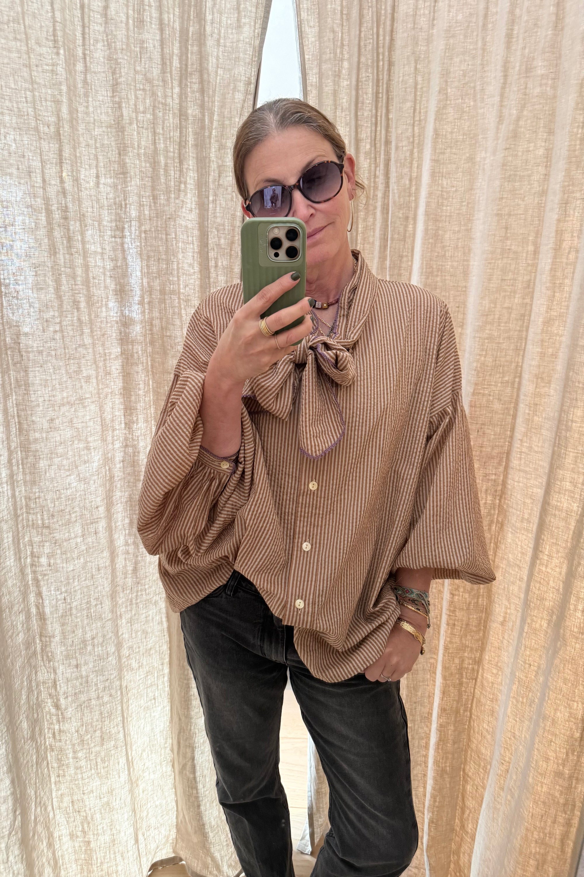 CLARAMONTE Baumwollbluse "Delice" Lavaliere nougat