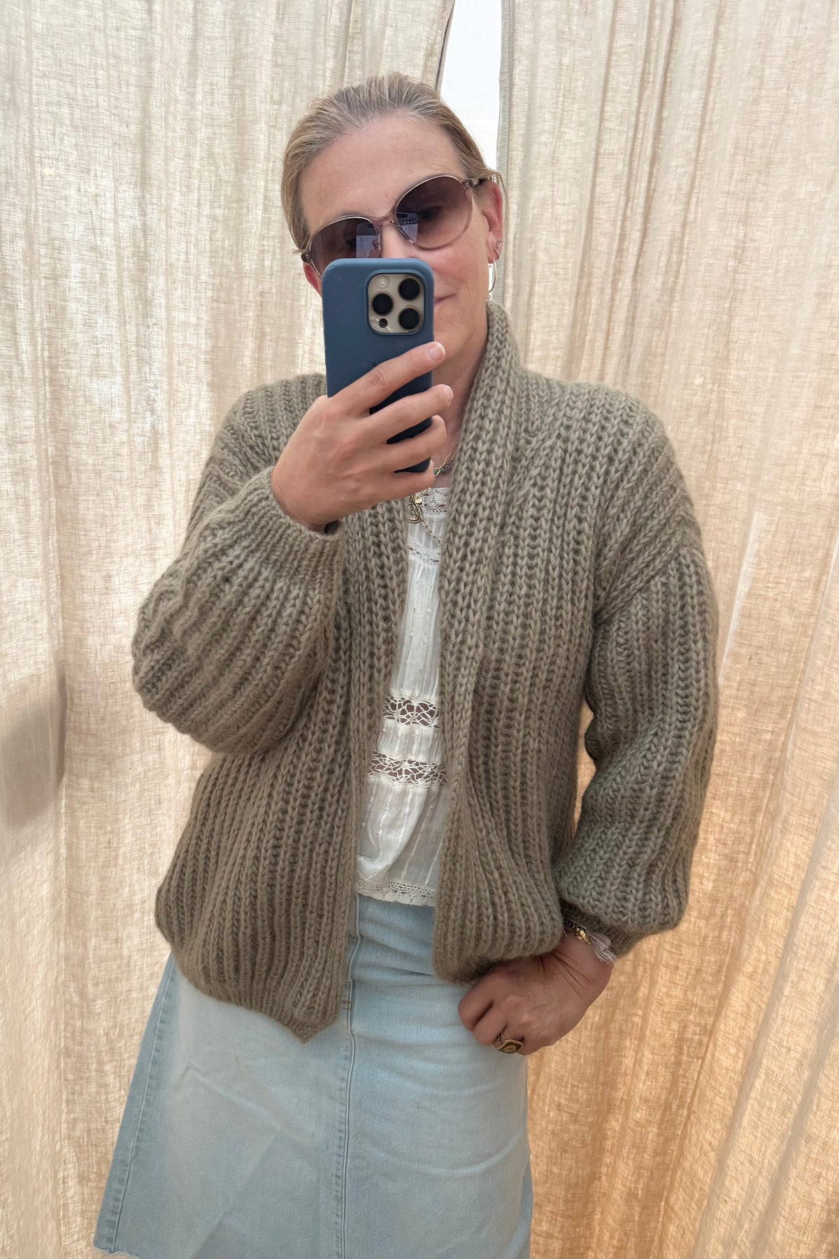 MAIAMI Shaggy Chunky Alpaca Shawl Cardigan soft olive