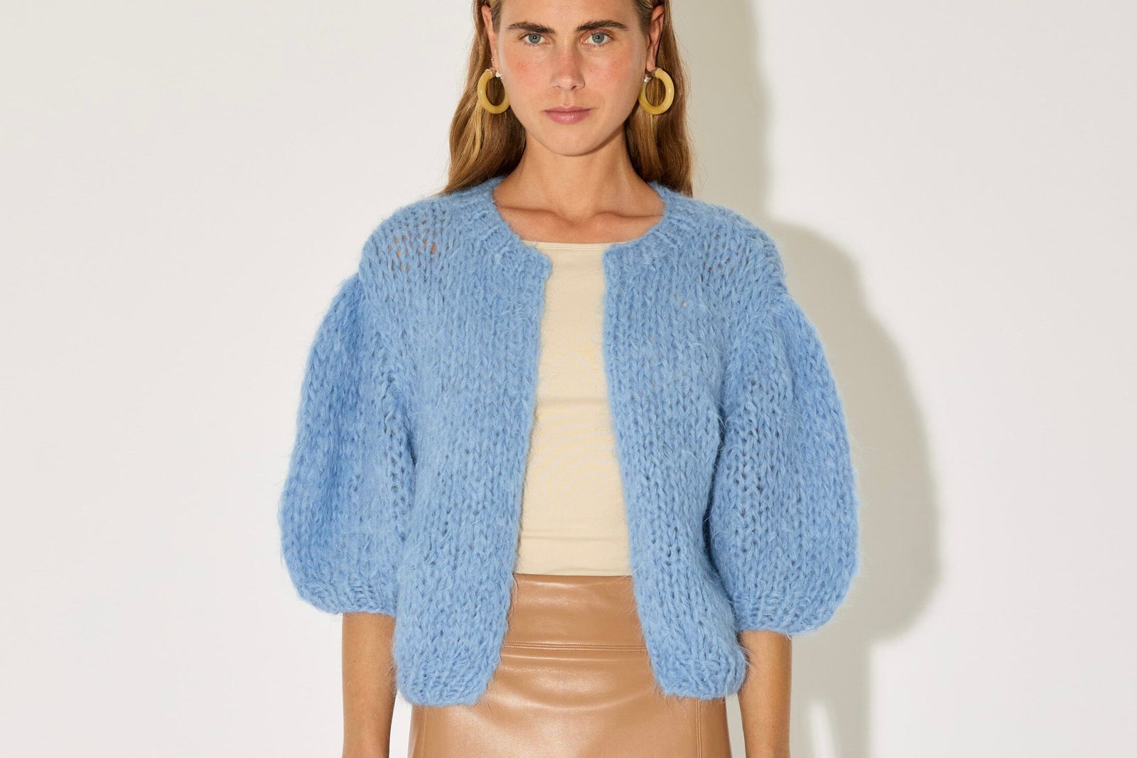 MAIAMI Shaggy Alpaca Puffy Sleeve Cardigan sky blue