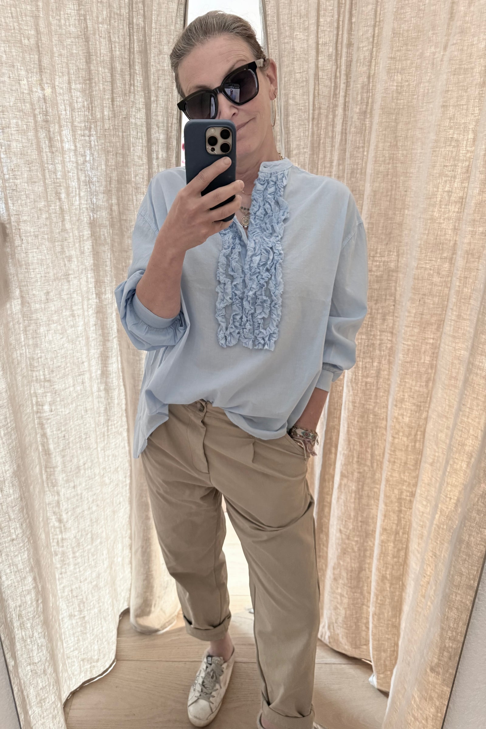 SOSUE Baumwollbluse Ruffle "Bruna" light blue