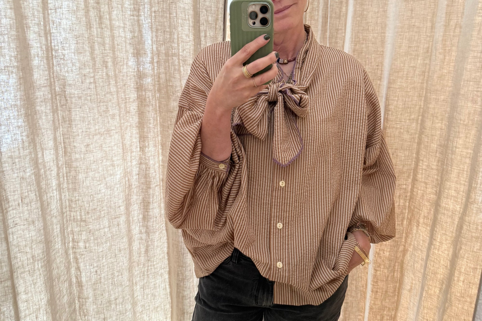 CLARAMONTE Baumwollbluse "Delice" Lavaliere nougat