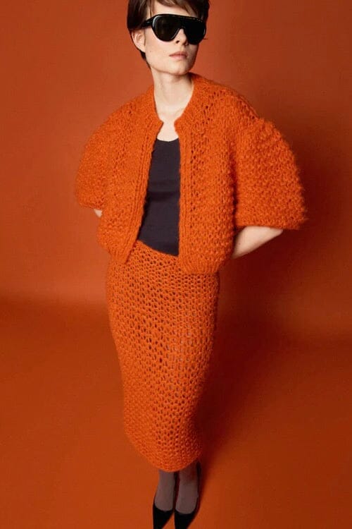 MAIAMI Fleecy Alpaca Puffy Short Sleeve Cardigan orange