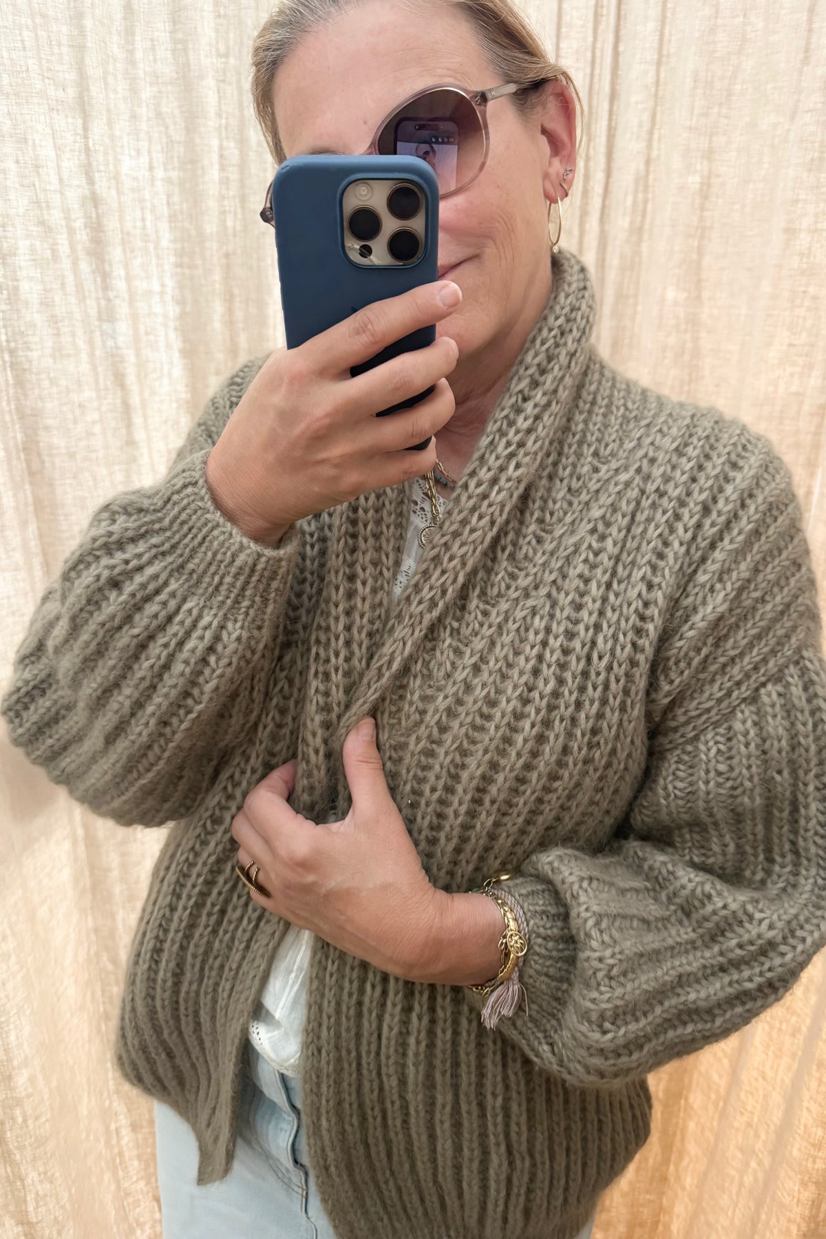 MAIAMI Shaggy Chunky Alpaca Shawl Cardigan soft olive